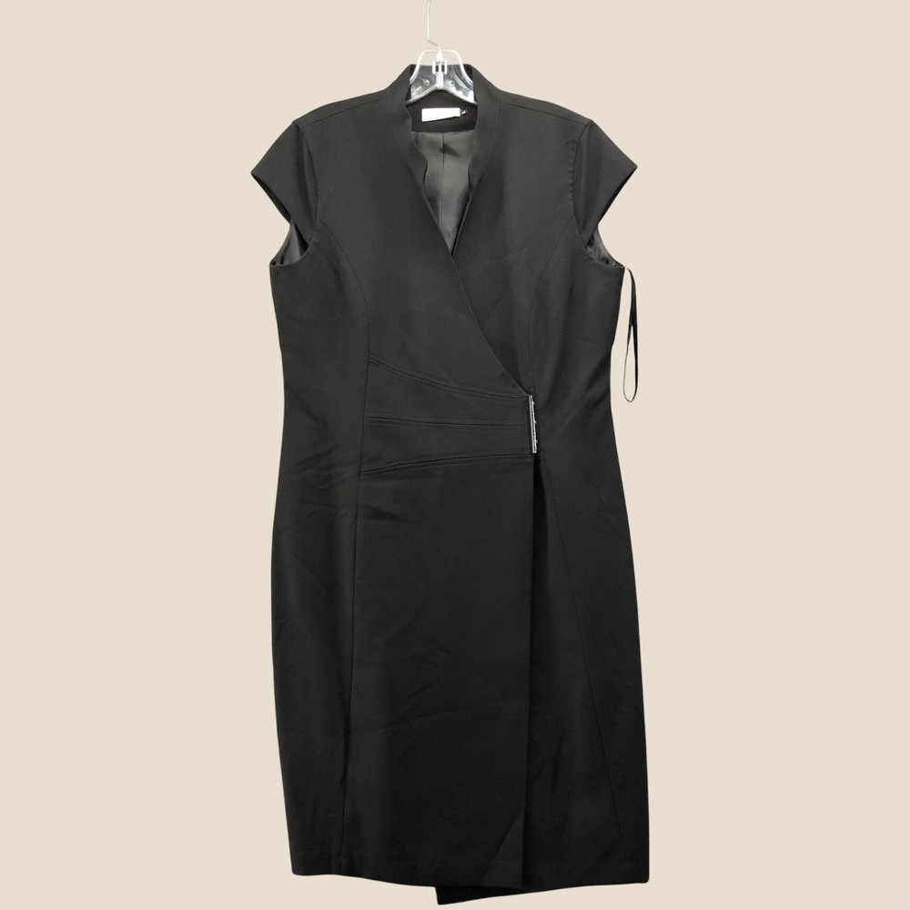 Calvin Klein Black Faux Wrap Sheath Dress Size 12 Cap Sleeve Silver Hardware